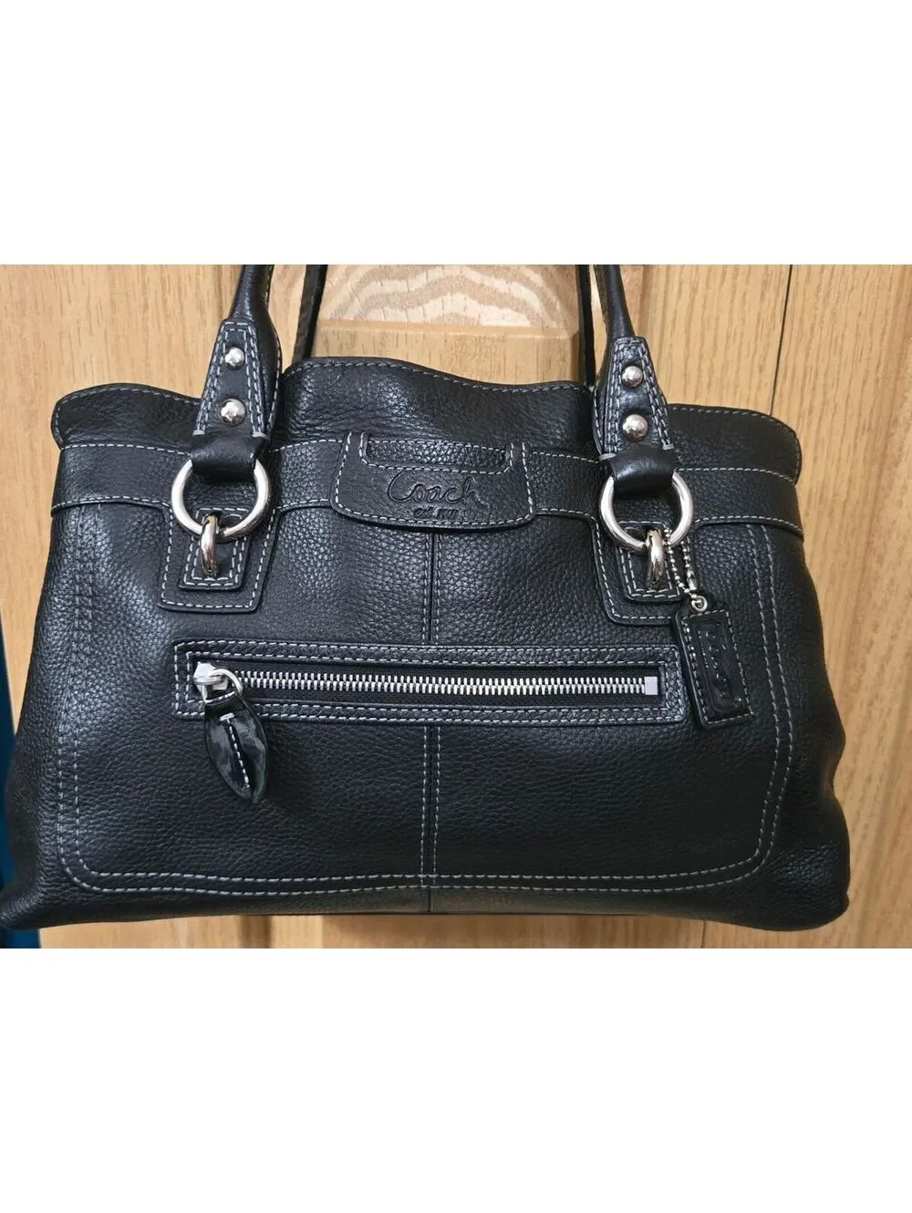 Coach Black Pebbled Leather Satchel Handbag with Silver Hardware
